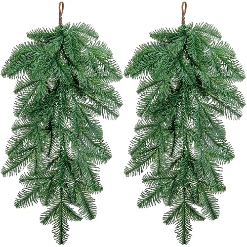 Watayo 2 Pcs Artificial Christmas Teardrop Swag, 28" Faux Norfolk Pine Teardrop Door Swag, Real Touch Greenery Pine Wreath Staircase Swags for Xmas Holiday Door Mantle Fireplace Decor Indoor Outdoor