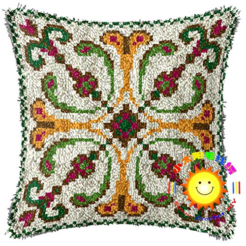 Stammesstil Knüpfkissen Knüpfset Knüpfpackung Knüpfkissen zum Selber Knüpfen Sofakissen Kissen Bastelset für Kinder, Erwachsene oder Anfänger, Latch Hook Kits,Green beige,42x42 cm Cover