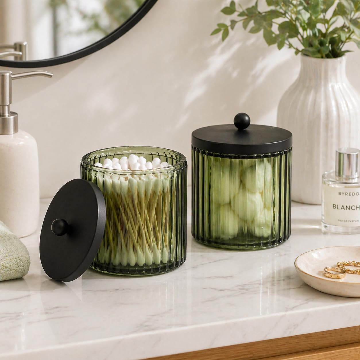KMWARES Set di 2 dispenser in vetro per palline di cotone, tamponi, tamponi rotondi, plettri interdentali, contenitori per il bagno e organizer per trucchi (verde oliva)