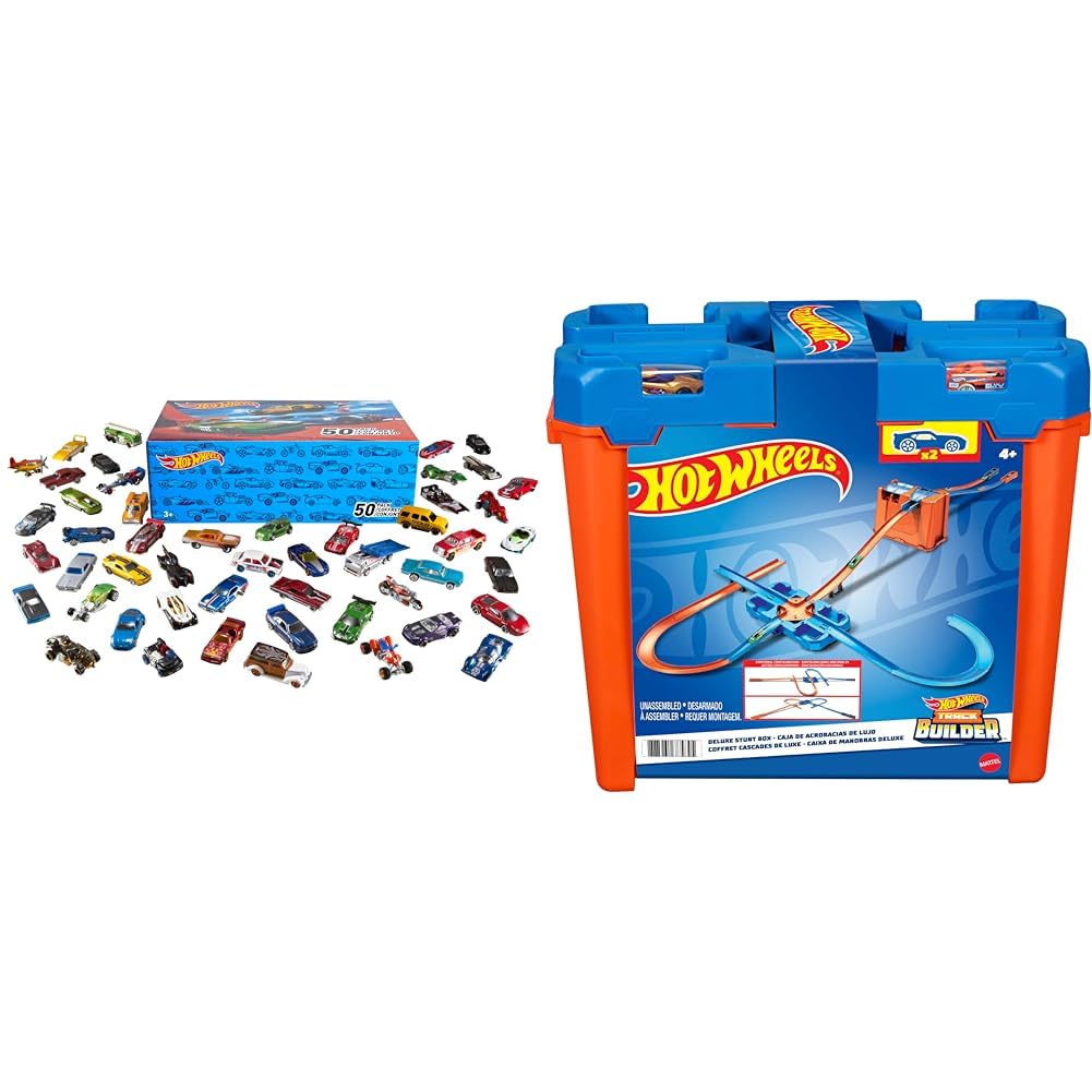 Hot Wheels Samochodziki, Zestaw 50 zabawkowych pojazdów w skali 1:64, V6697 & Hot Wheels Track Builder Zestaw kaskaderski Deluxe Pudełko i 2 pojazdy, GGP93