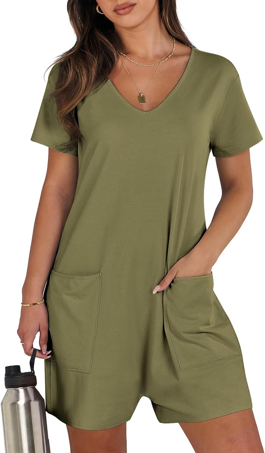 ANRABESS Rompers for Women Summer Casual Short Sleeve Jumpsuits V Neck Loose Fit One Piece Outfits with Pockets 2026 Clothes