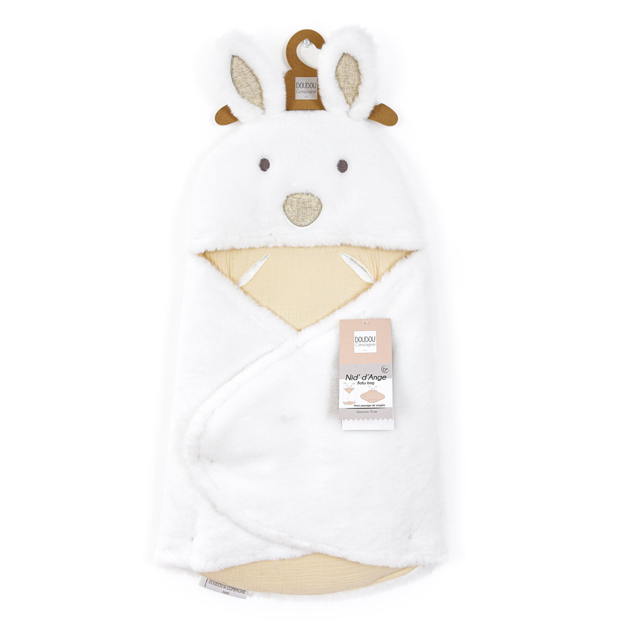 Doudou et Compagnie - DC4041 Happy Wild Cuddly Rabbit Angel Nest - Beige & White Plush Material - For Car Seat, Cosi, Stroller - Baby 0 to 6 Months - 69 cm - Newborn Gift