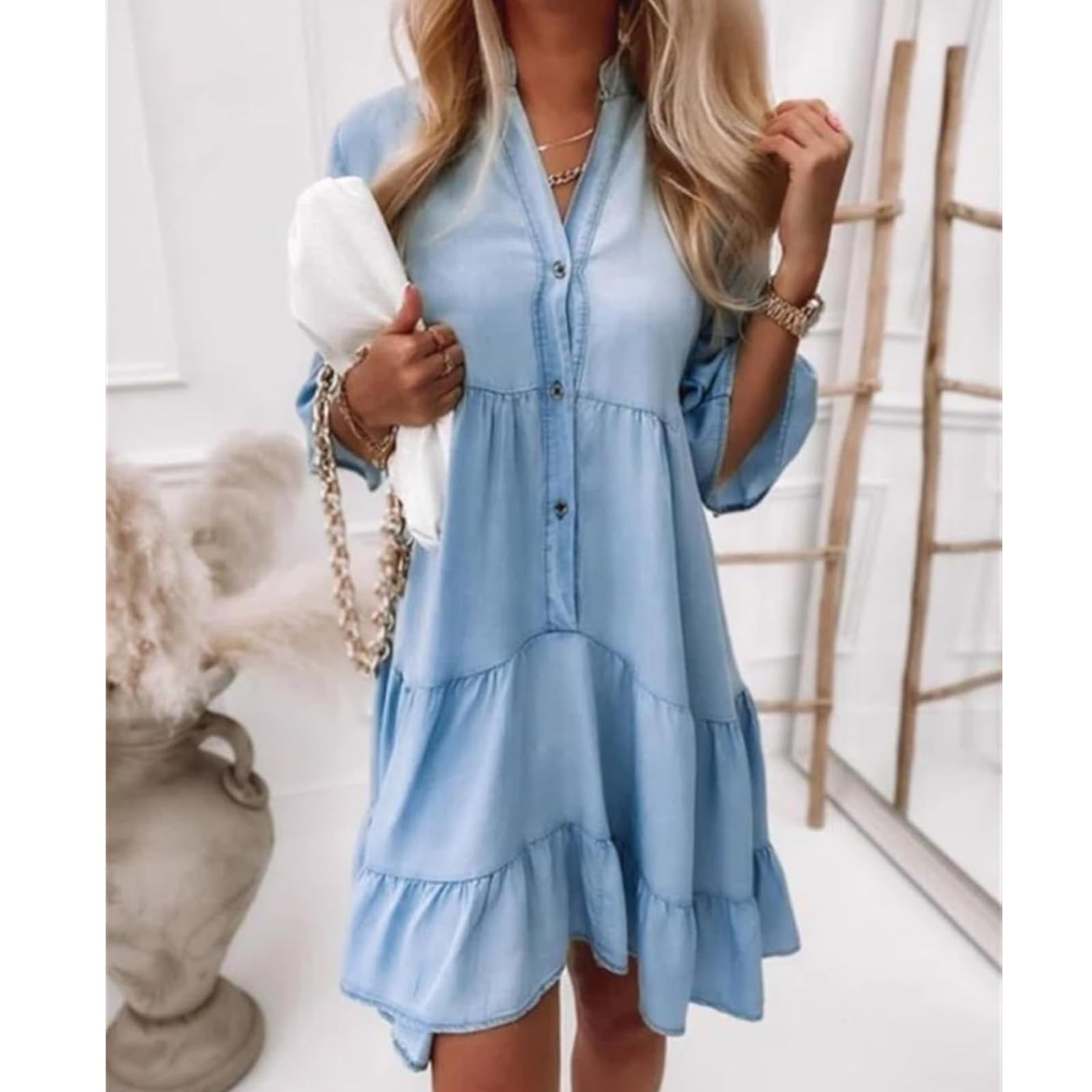 Générique Robe d'été à Volants et col en V pour Femme, en Jean léger, Manches mi-Longues, décontractée, boutonnée, en Coton.