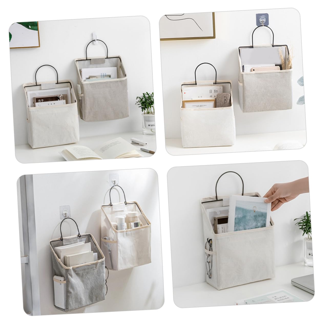 BESTYASH 2 pezzi Borsa Portaoggetti da Parete in Tessuto Pieghevole con Gancio Adesivo Organizer Multiuso per Camera Cucina e Armadio Resistente e Leggera Colori Grigio e Bianco