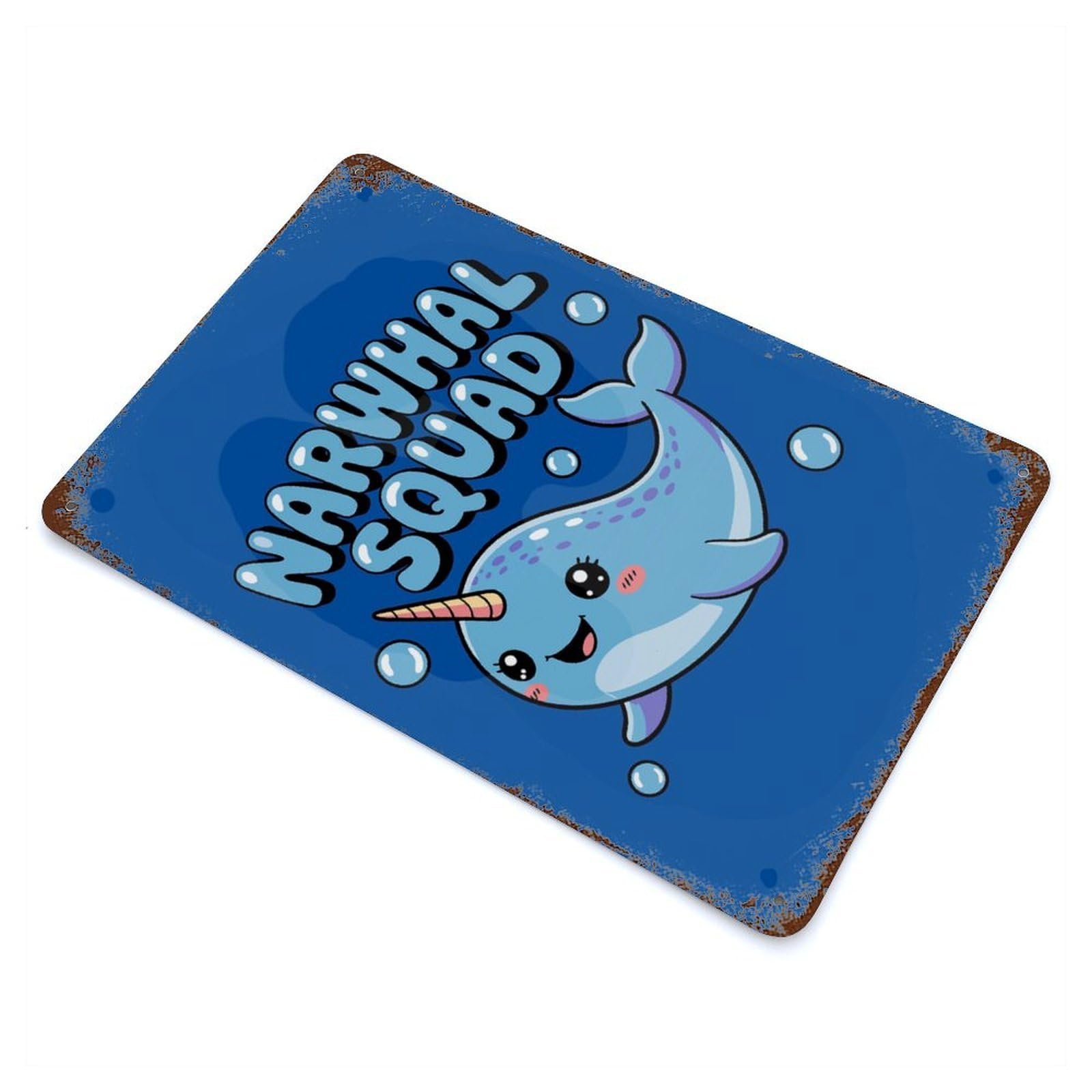 Cute Narwhal Squad Cartoon Illustration Rusty Metal Tin Sign 11.8"x7.9", for Patio, Garden Room And Bar Decor, Old School Wall Decor