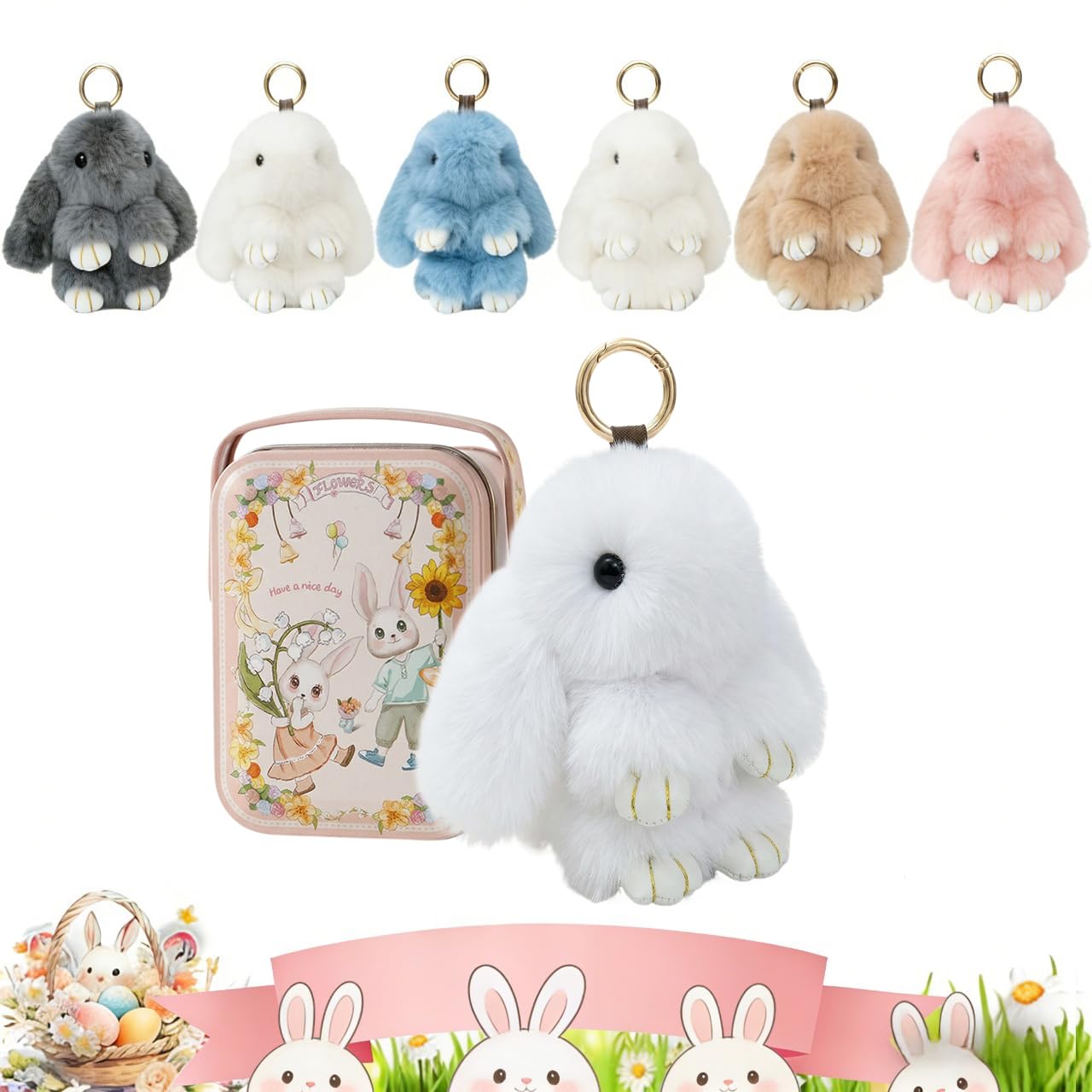 Bunny Keychain in Metal Tin Box, Fluffy Rabbit Plush Keyring with Soft Faux Fur, Cute Pom Pom Keychain for Women Girls, Bag Charm for Purse Backpack, Easter Gift Keyring Accessories (White)
