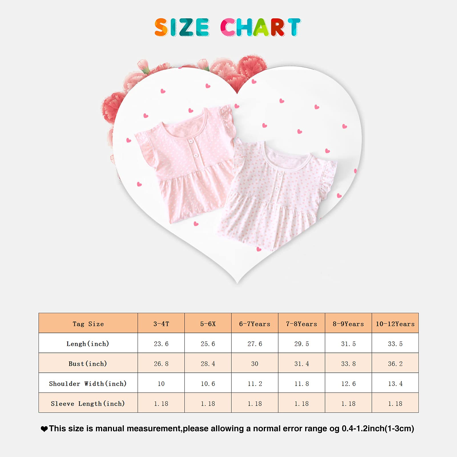 BANGSAUR Lot de 2 chemises de nuit en coton avec imprimé cœur - Pour fille - 3 à 15 ans