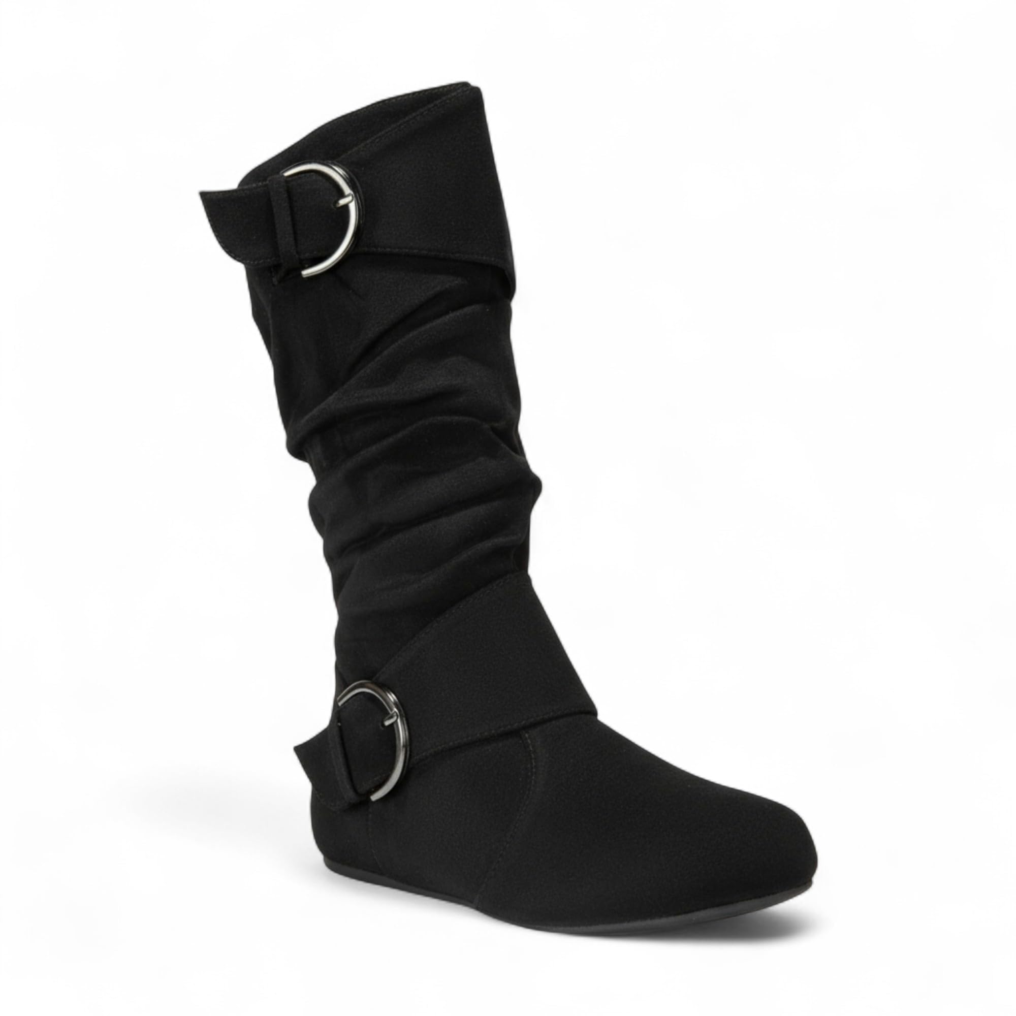 ABSOLEX Women Round Toe Buckle w Side Zip Slouch Flat to Low Heel Mid-Calf Boots
