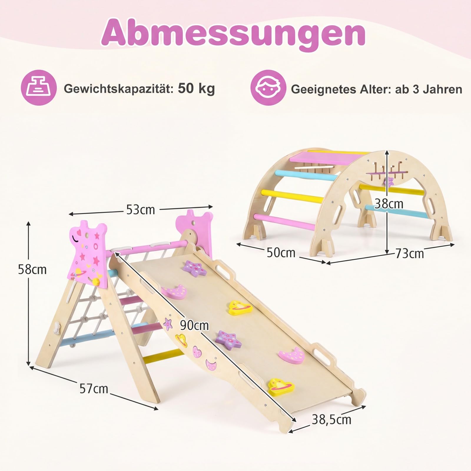 GOPLUS 8-in-1 Klettergerüst Indoor, Kletterdreieck Holz, 4er Set Kletterspielzeug mit Kletternetz, Kletterbogen, Wippe & Leiter, inkl. doppelseitige Rampe & Baustein Set, Sprossendreieck für Kinder