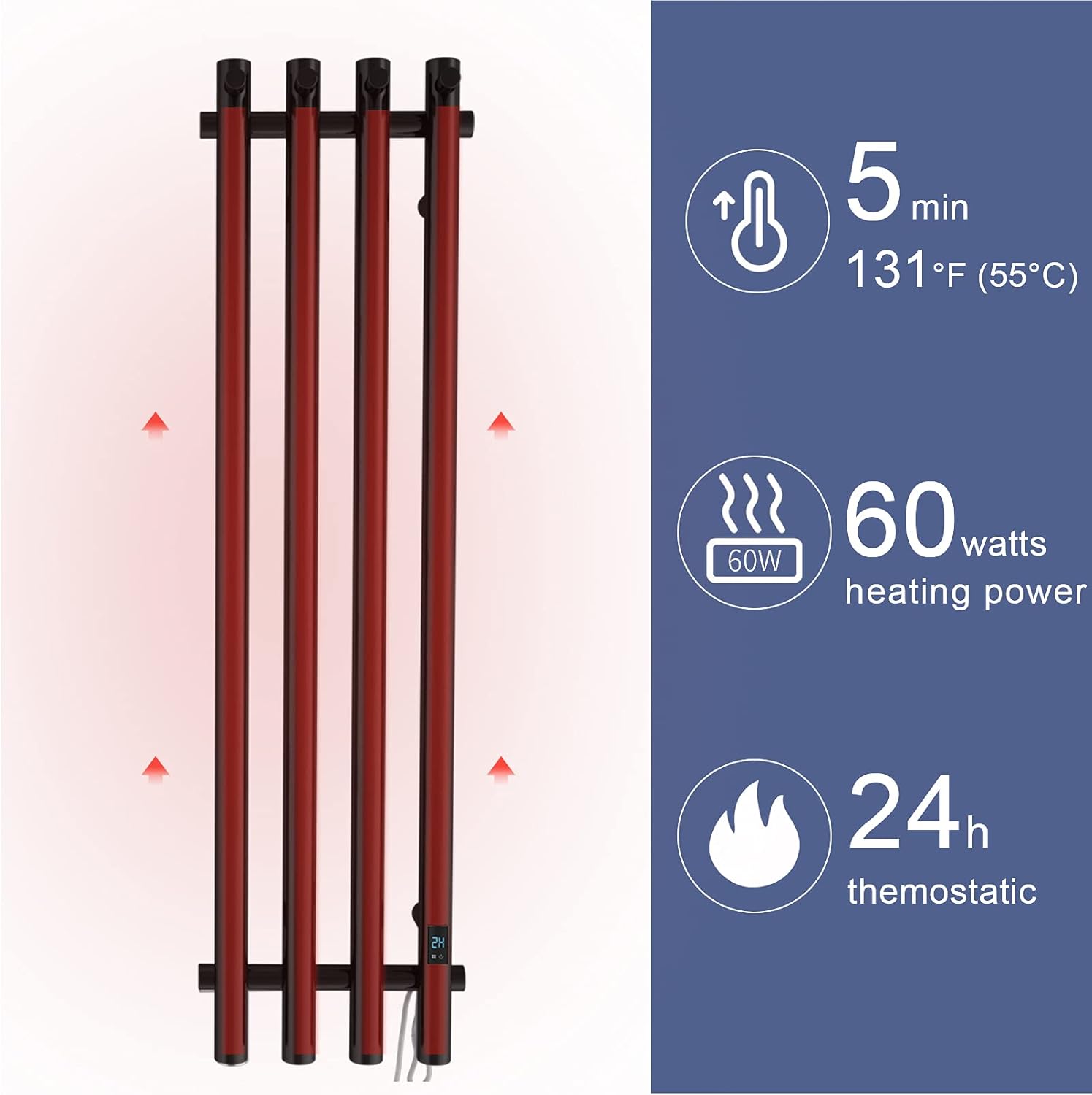 Black Friday - 40% OFF bbee.tech Towel Warmer 4 Vertical Bar Electric Heated Towel Rack Wall Mount Plug-in/Hardwired Heated Towel Rail Black