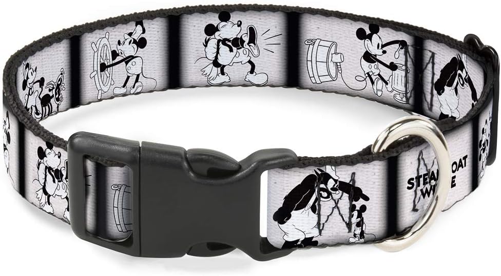 Buckle-Down Plastic Clip Collar - Steamboat Willie Scene Blocks White/Black - 1.5" Wide - Fits 16-23" Neck - Medium