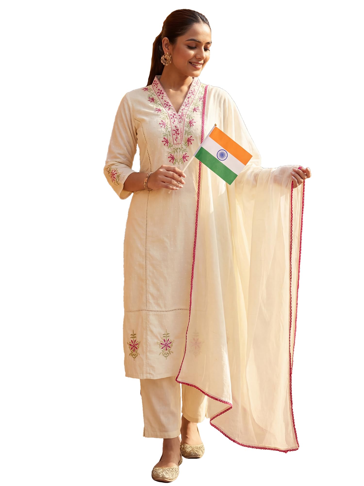 indo era Women's Pure Cotton Floral Embroidered Straight Kurta & Pant With Dupatta Set (IERAI9775)-picture-25