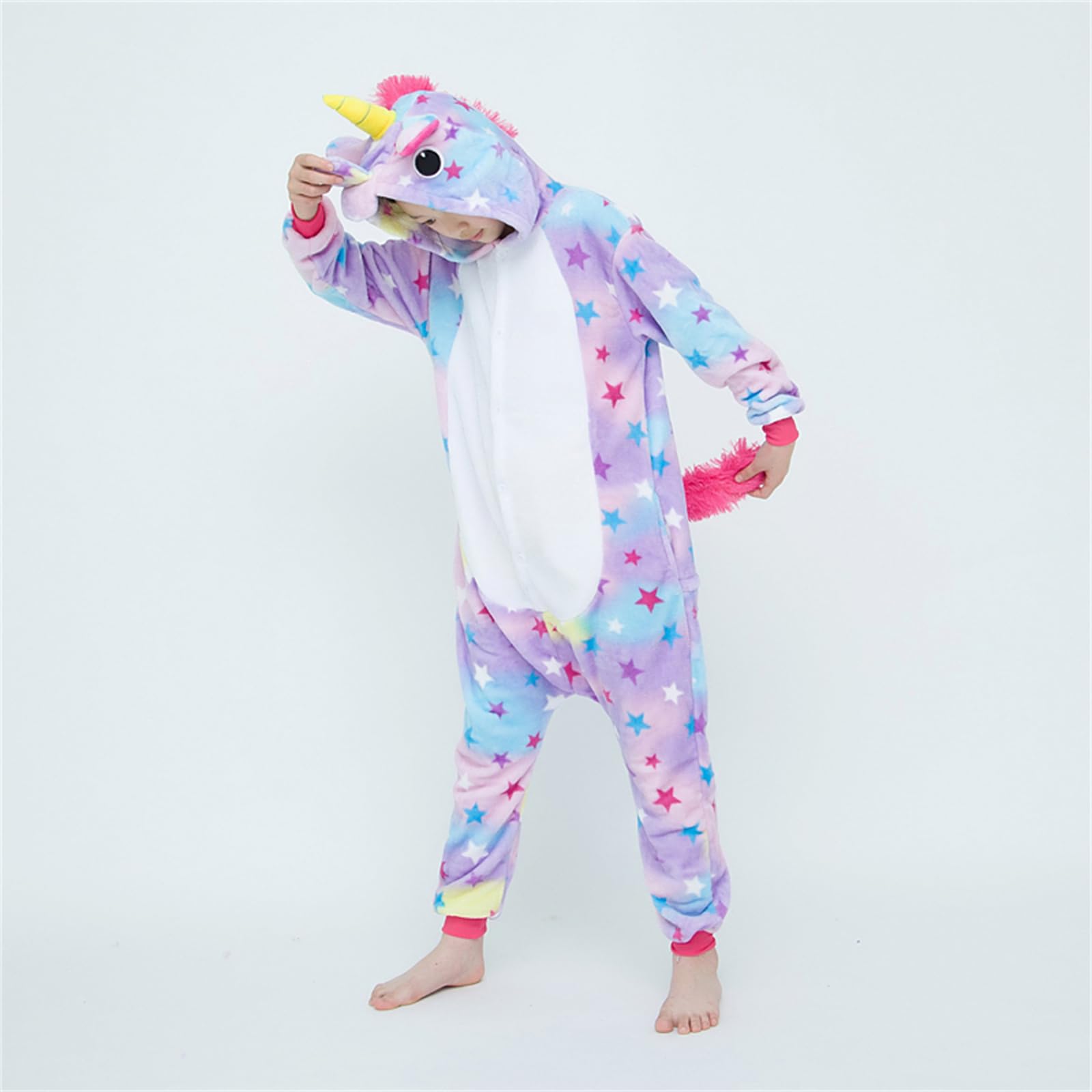 Unisex Kinder Einhorn Pyjamas Onesie Karton Animal Cosplay Fasching Kostüm Warm Gefüttert Body Overall Tier Nachtwäsche Karneval Weihnachten Xmas Pyjamas Sleepwear Jungen Mädchen