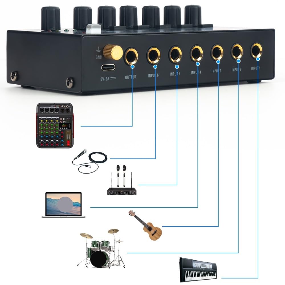 Mixer Audio, Mixer di linea stereo a rumore ultra basso a 6 canali Mini mixer audio professionale Alimentatore DC5V