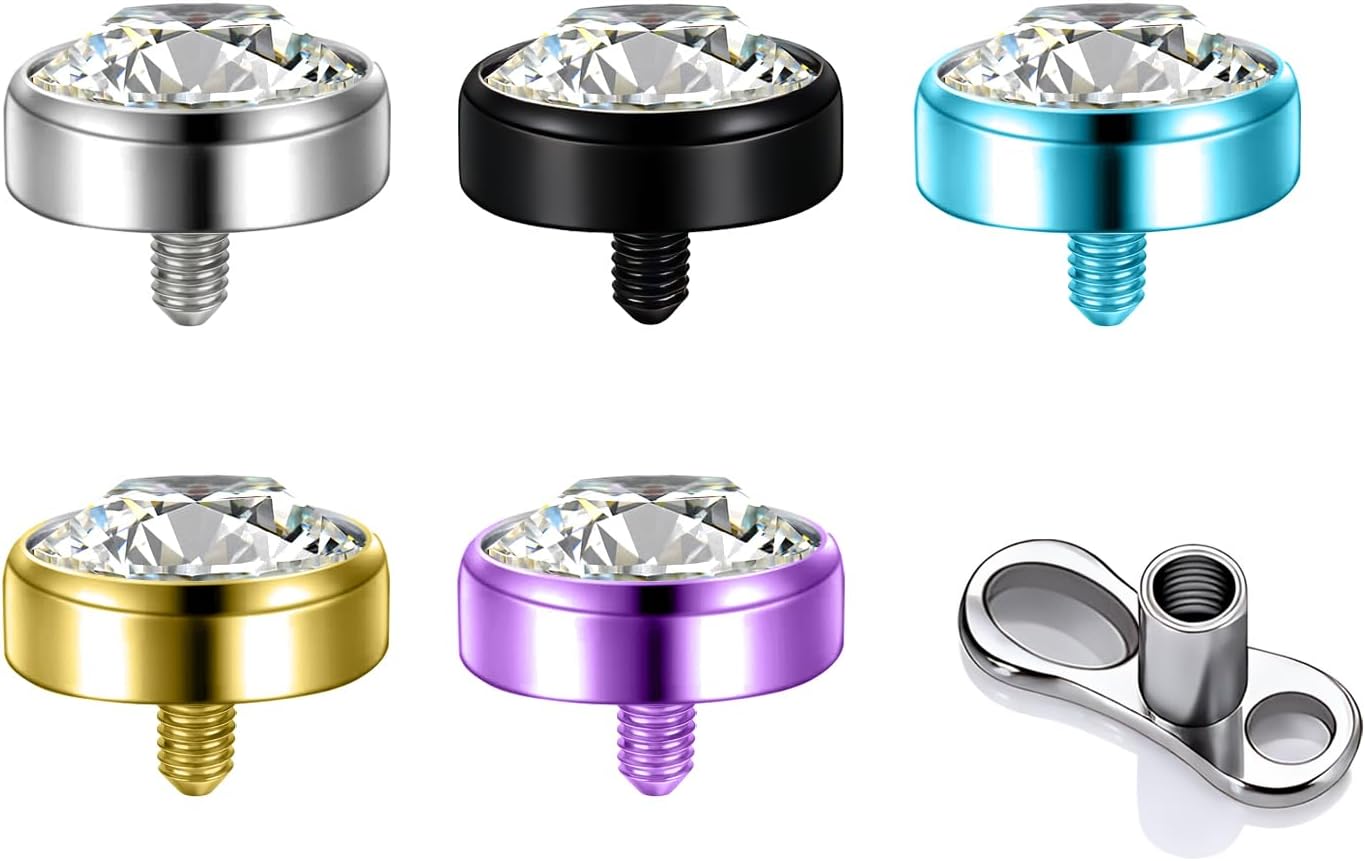 XUU Dermal Piercing Jewelry Set Titanium 14G - 4 Multi-Color Gems Dermal Tops (3/4/5mm) – Surface Skin Jewelry for Face & Body, Base Microdermals Piercing for Women Men