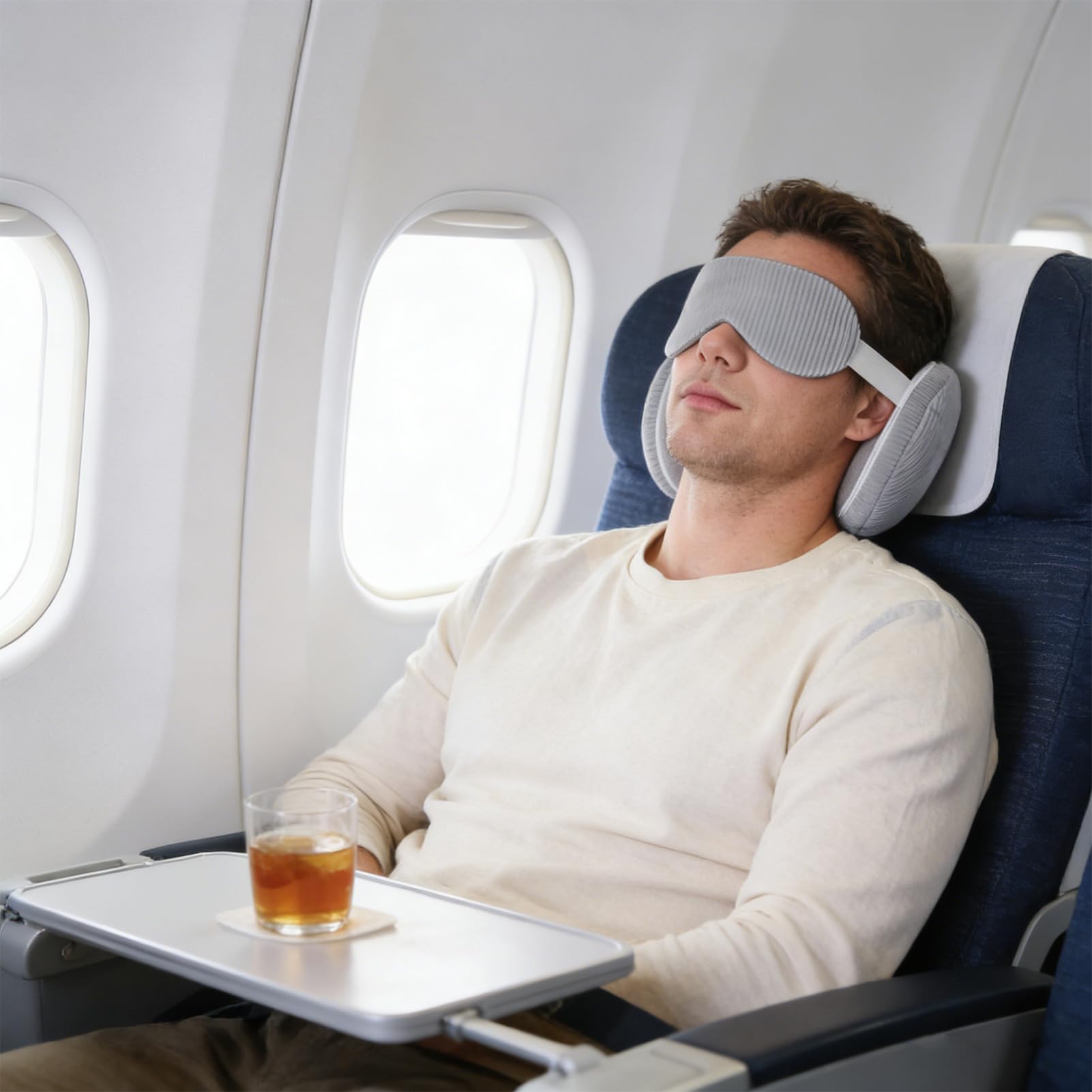 XJBTBA Lekka poduszka podróżna, miękka poduszka samolotowa, zagłówek podróżny z osłoną oczu, wygodna poduszka pod szyję, poduszka kempingowa o ergonomicznym stylu, akcesorium wakacyjne do spania w