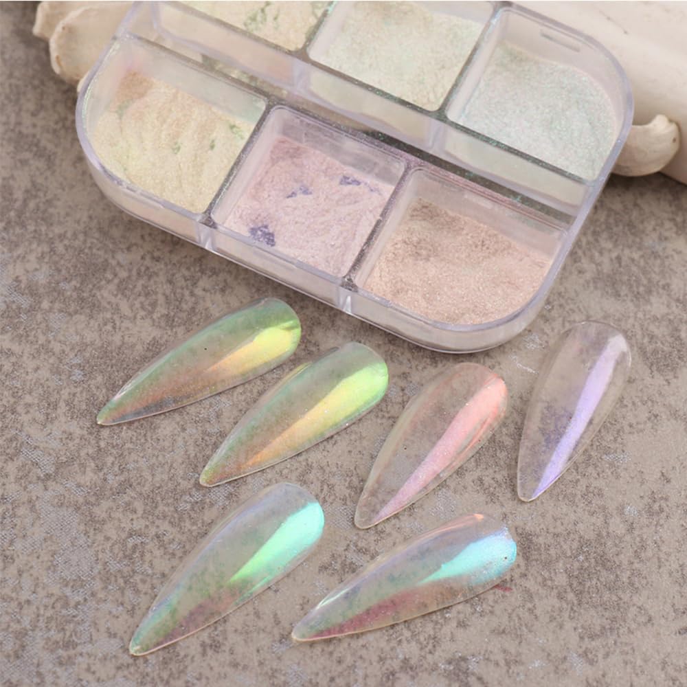6 griglie cromate glitterate per unghie, polvere per unghie, polvere per unghie, polvere per unghie, decorazione per nail art, artigianato in resina (01_Aurora)