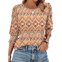 IECCP Women Tops 3/4 Sleeve Tunic Ladies Blouses Round Neck T Shirts Dressy Fashion Smocked Sleeve Clothes Blouses Boho M (UK 12-14)