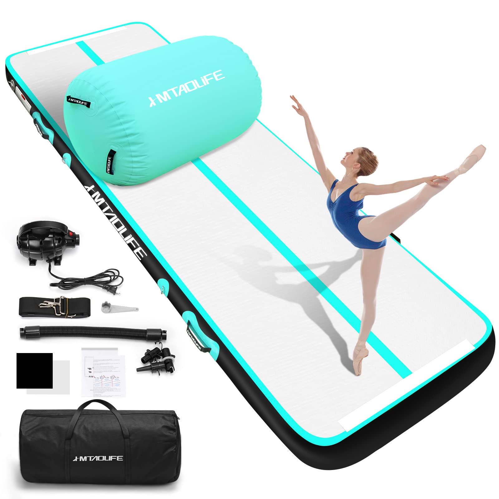 Hmtaolife Gymnastics Mat Air Tumble Track[with SHOULDER STRAP], 6.6/10/13/16/20ft Inflatable Training for Kids, Thickness Floor with Electric Pump Home/Water Fun/Train New Green/White