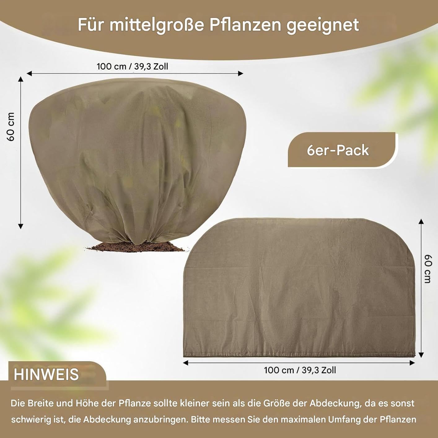 Copertura antigelo per piante – Tessuto non tessuto da giardino 39,4 x 23 | 6 pollici | Set di giacche da giardino d'inverno con coulisse | Protezione per rose arbusti in freddo per lo svernament
