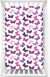 Butterfly Themed Fitted Mini Crib Sheets,Portable Mini Crib Sheets Soft & Stretchy Fitted Crib Sheet-Baby Crib Sheets for Girl or Boy, 24â€œ x38â€œ,Purple Lilac Pink