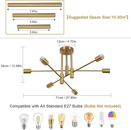 Vista 11 de DELIPOP Sputnik - Lámpara de techo Sputnik moderna de 4 luces negras y doradas, lámpara de techo E26 de metal industrial semiempotrada para Negro