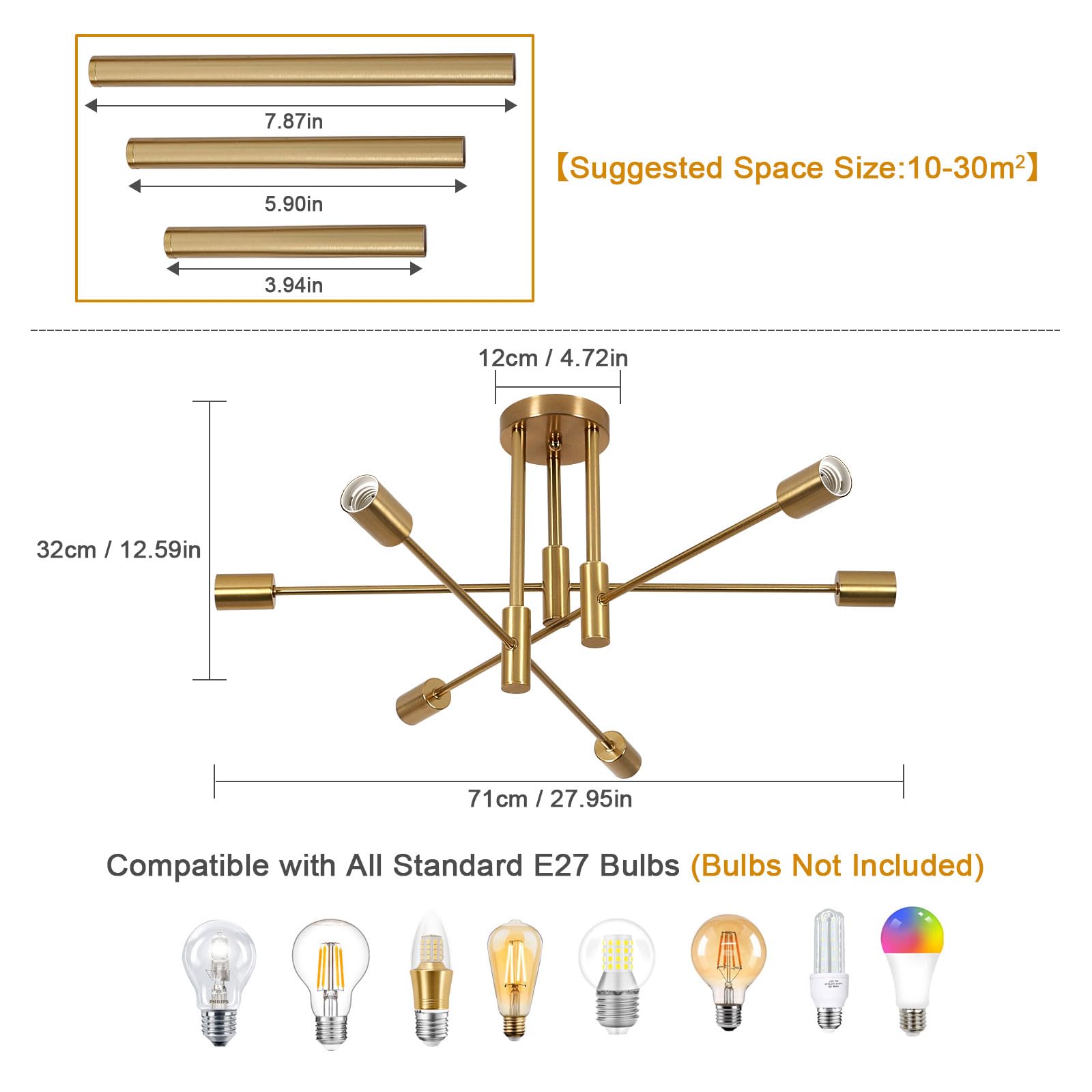 Goeco Lustre Sputnik Industriel 6 Lumières Douille E27 Lampe Suspension Vintage Plafonnier Doré Moderne en Metal pour Salon Chambre Cuisine, Max.60W Ampoules non incluses