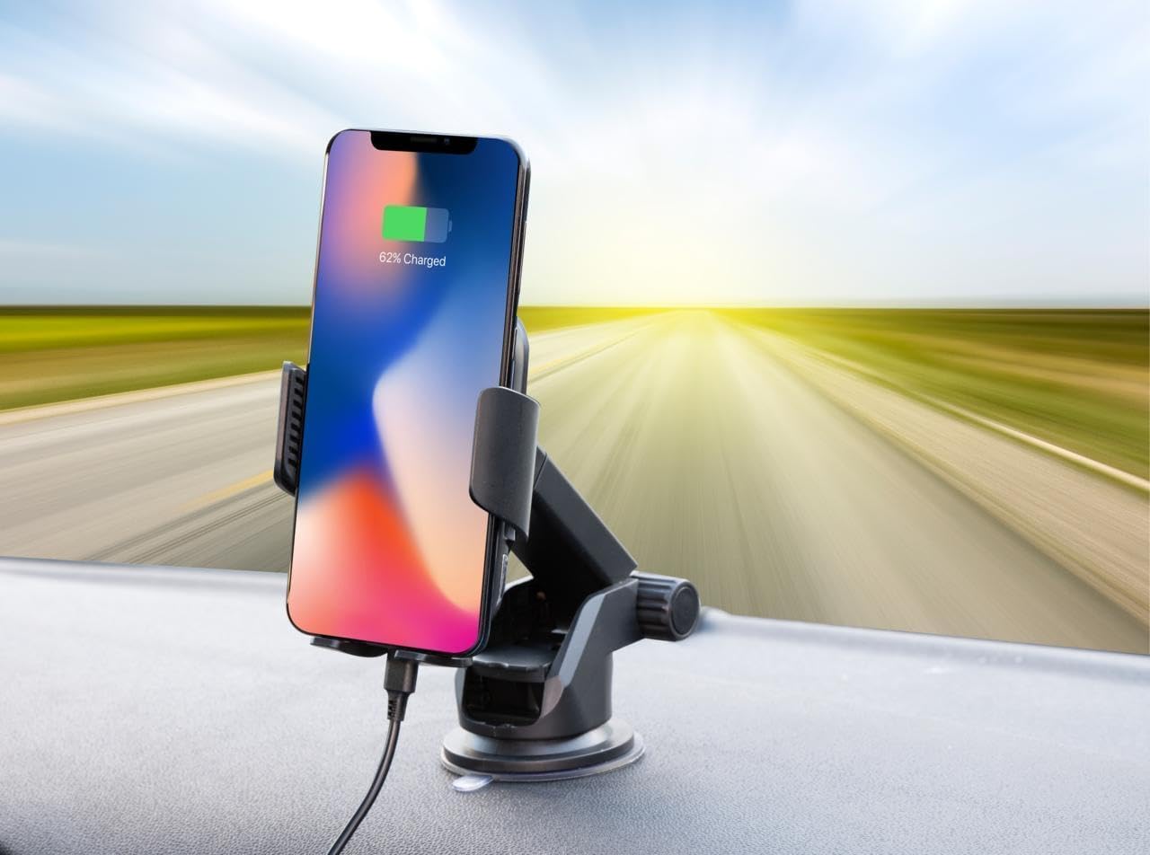 Dunlop Auto Telefoonhouder En Draadloze Oplader GSM Houder Met Qi Lader Zuignap Voor Dasboard Voorruit Bevestiging Telefoons Van 66mm Tot 100mm Breed Kunststof Zwart 2859989464