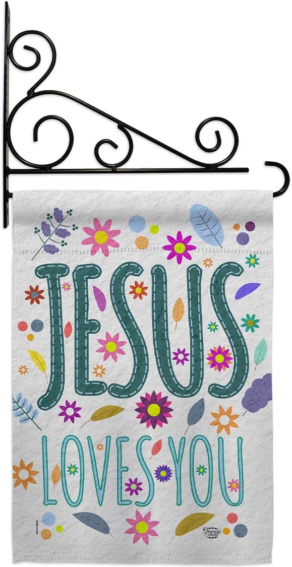 Jesus Loves You Garden Flag Set Wall Holder Religious Faith Hope Grace Peace Dove Christian Religion Easter Small Decorative Gift Yard House Banner Made In USA 13 X 18.5
