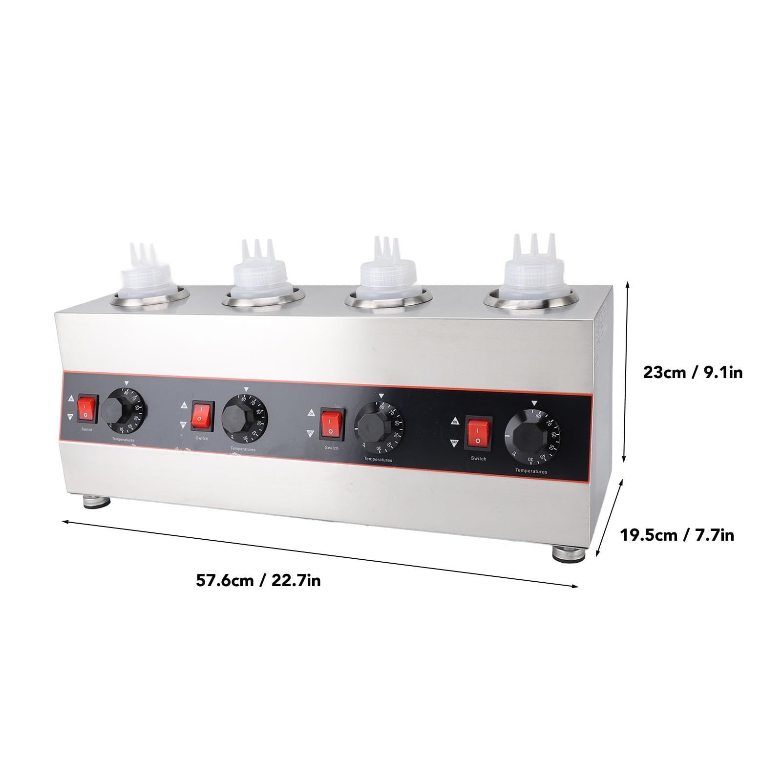 Fdit Calentador de Eléctrico con 4 Botellas Exprimibles, 640W Dispensador de Queso Comercial 2600ml 30-85°C Ajustable Acero Inoxidable para Nacho Queso Caramelo Chocolate (Enchufe Europeo 220V)