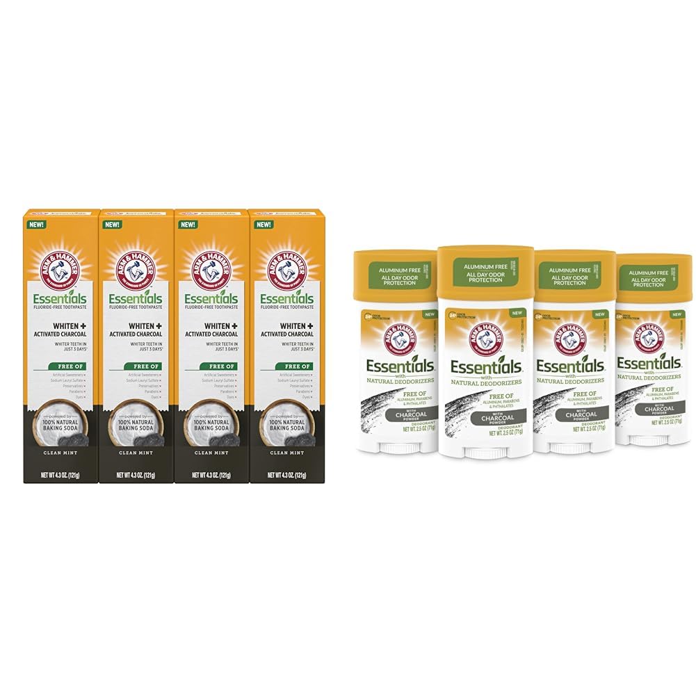 ARM HAMMER Essentials Fluoride-Free Toothpaste Whiten Activated Charcoal-4 Pack of 4 3oz Tubes Clean Mint- 100 Natural Baking