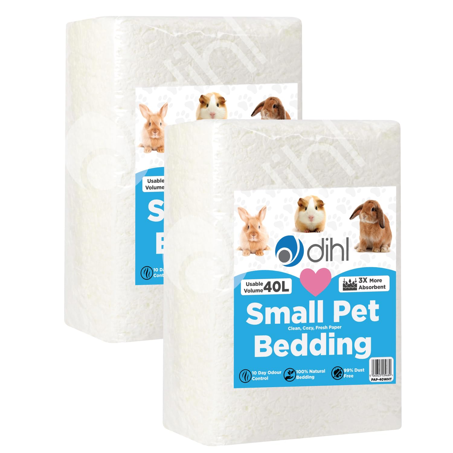 Dihl 80 Litre, White, Super Absorbent Paper Bedding for Small Animals. Absorbs 6 Times its Weight in Liquid. Hamster, Mice, Rat, Rabbit, Guinea Pig Gerbil Cage Substrate – 2x 40L Packs