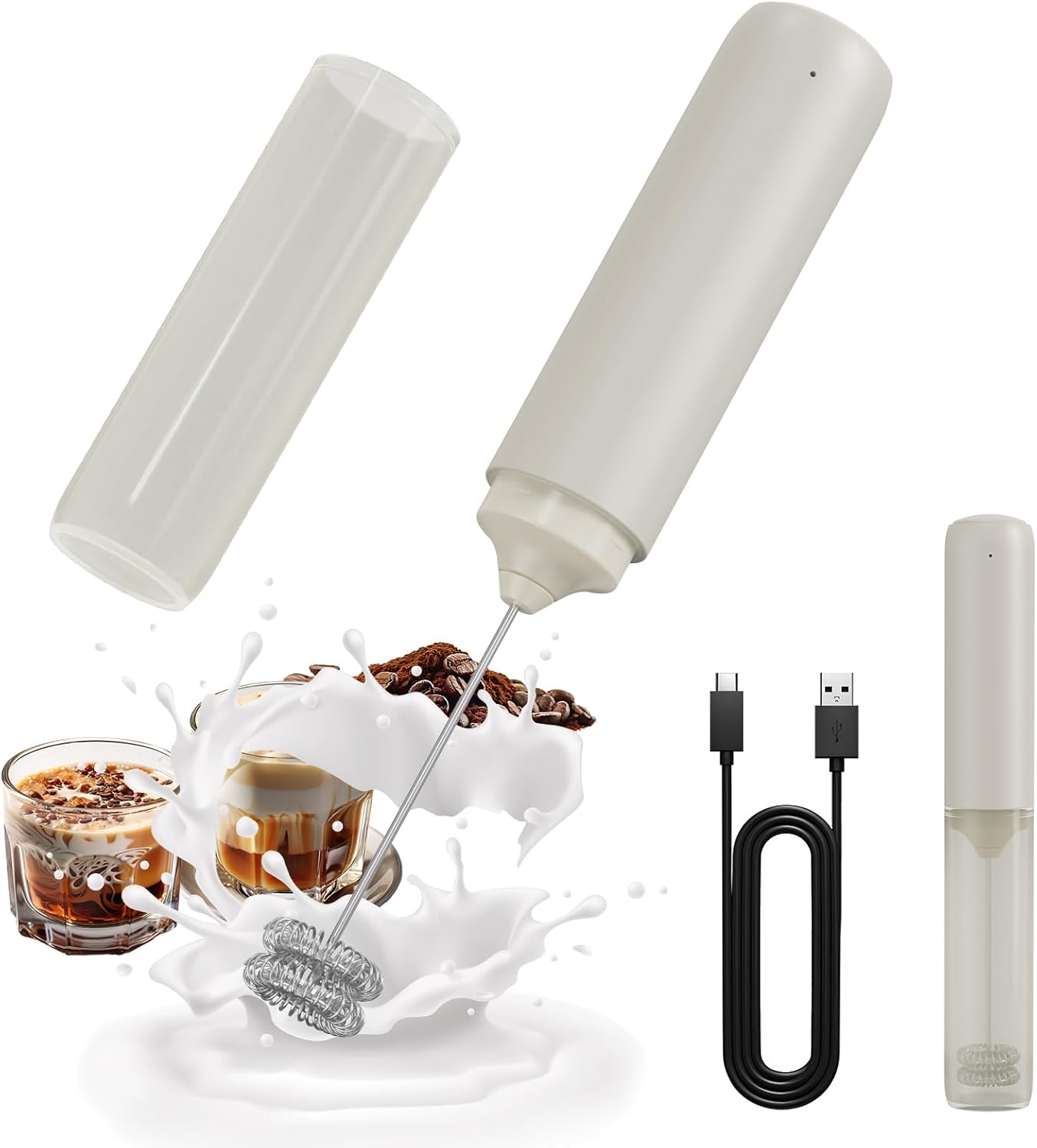 CIRCLE JOY Portable Rechargeable Milk Frother Hanheld, Dual Spring Whisk Electric Coffee Frother Wand Drink Mixer for Matcha Lattes Cappuccino, Kitchen Gifts, Beige CIRCLE JOY Portable Rechargeable Milk Frother Hanheld, Dual Spring Whisk Electric Coffee Frother Wand Drink Mixer for Matcha Lattes Cappuccino, Kitchen Gifts, Beige
