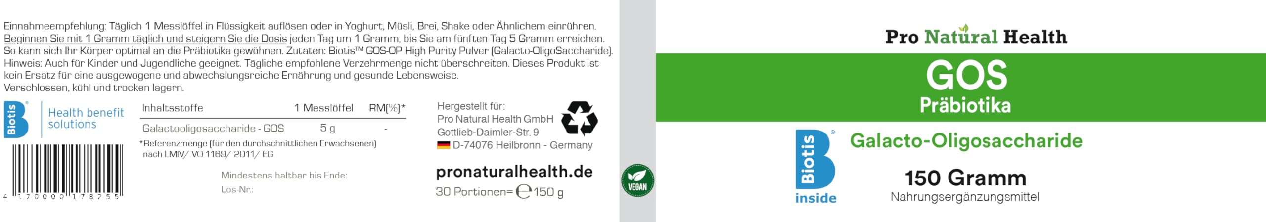 GOS – Galatto-oligosaccaridi polvere 150 g – Prebiotici ad alta purezza – integratore alimentare prebiotico senza additivi – 100% naturale – BIOTIS Inside – Halal & Kosher –
