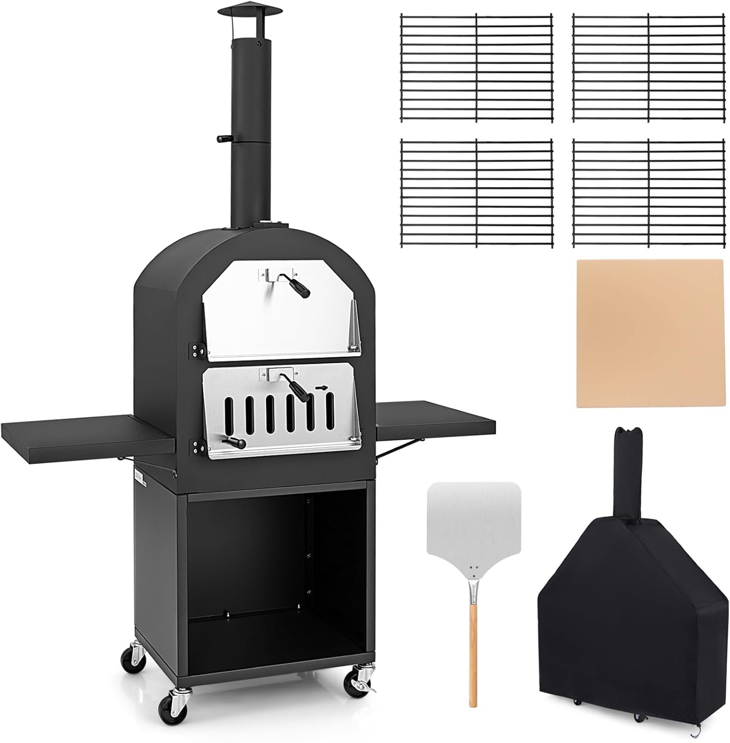 LDAILY Outdoor Pizza Oven, Wood Fired Pizza Maker with Side Shelves, Cooking Grids, Cover, Pizza Stone & Peel, Patio Portable Pizza Stove for Backyard, Camping & Party, Black