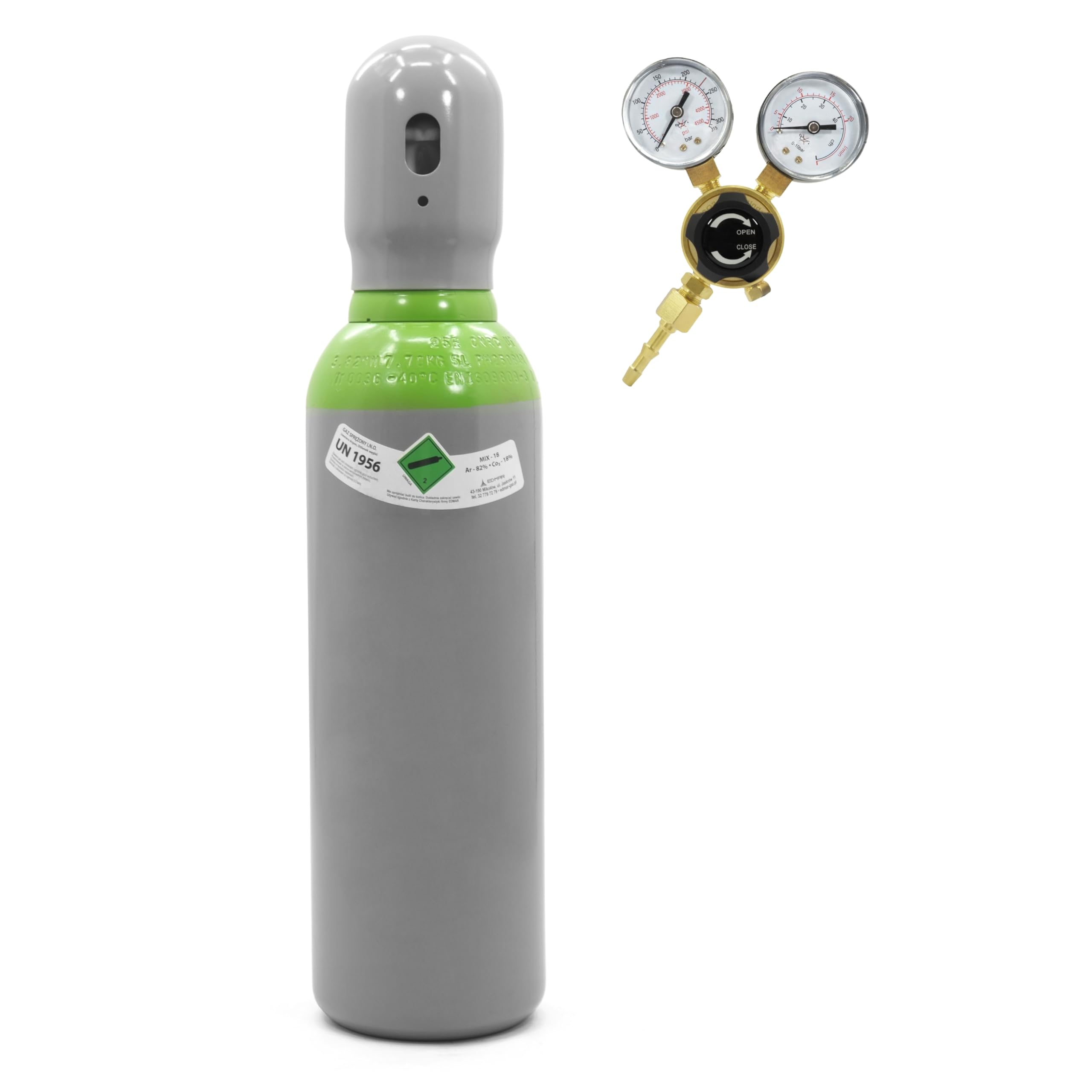 Gasflasche Argon CO2 5l gefüllt + Druckminderer Set - Mischgas 18 (82% Argon, 18% CO2) Schutzgas für MIG MAG Schweißen - Schweißgas 150 bar, 1 m³, TÜV 10 Jahre, W21.8 Bestschweissen.de