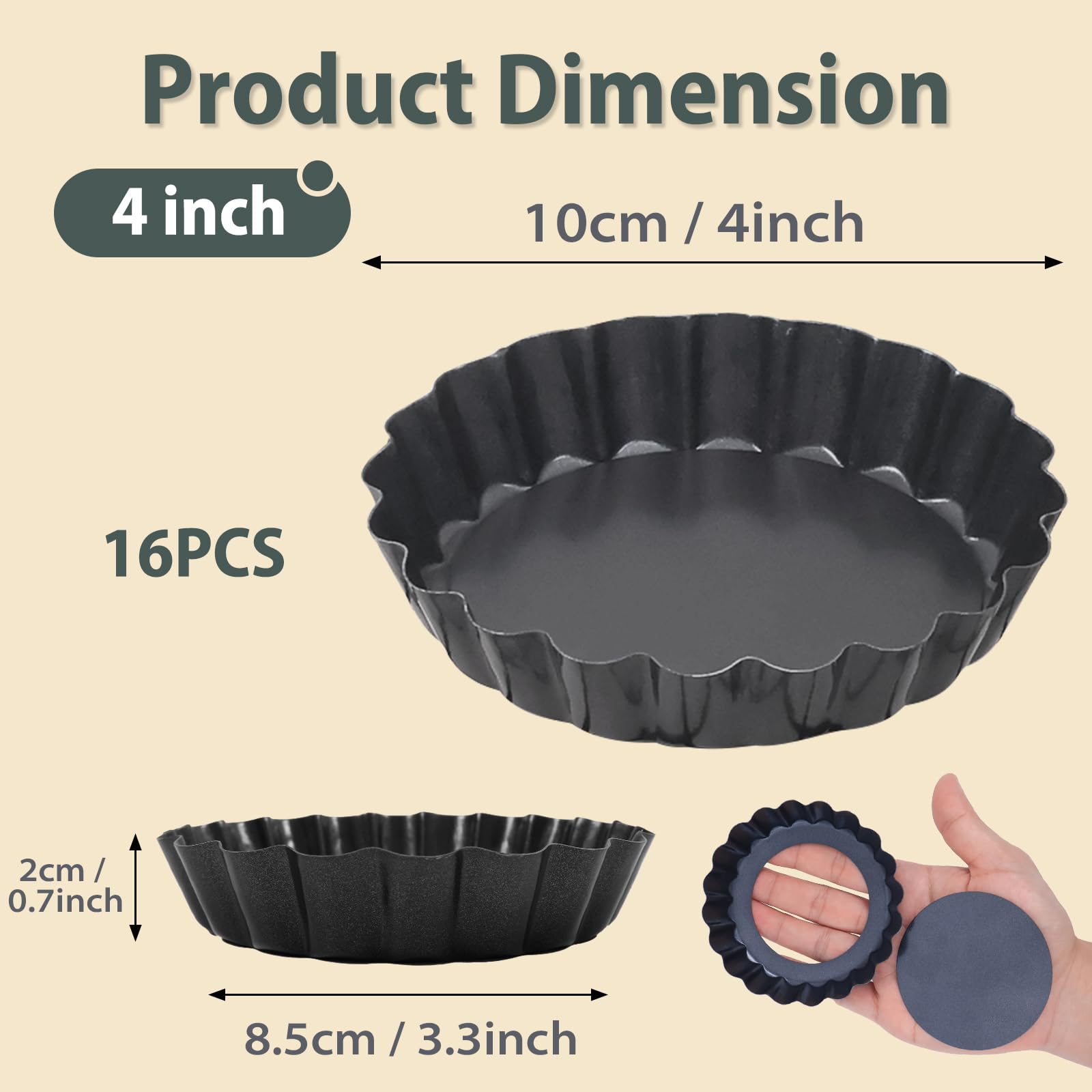 Set di 16 mini teglie per crostate con fondo rimovibile: antiaderenti da 10,2 cm, bordo scanalato, stampi robusti in acciaio al carbonio per torte, frutta, uova, torte, adatti per panettieri