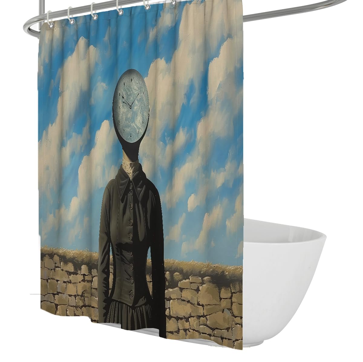 OLLIAR Home Modern Fantasy Shower Curtain 150x180 Abstract Surreal Clock Head Woman Art Design Bathtub Curtain Washable Easy to Clean Bathroom Curtain with Hooks