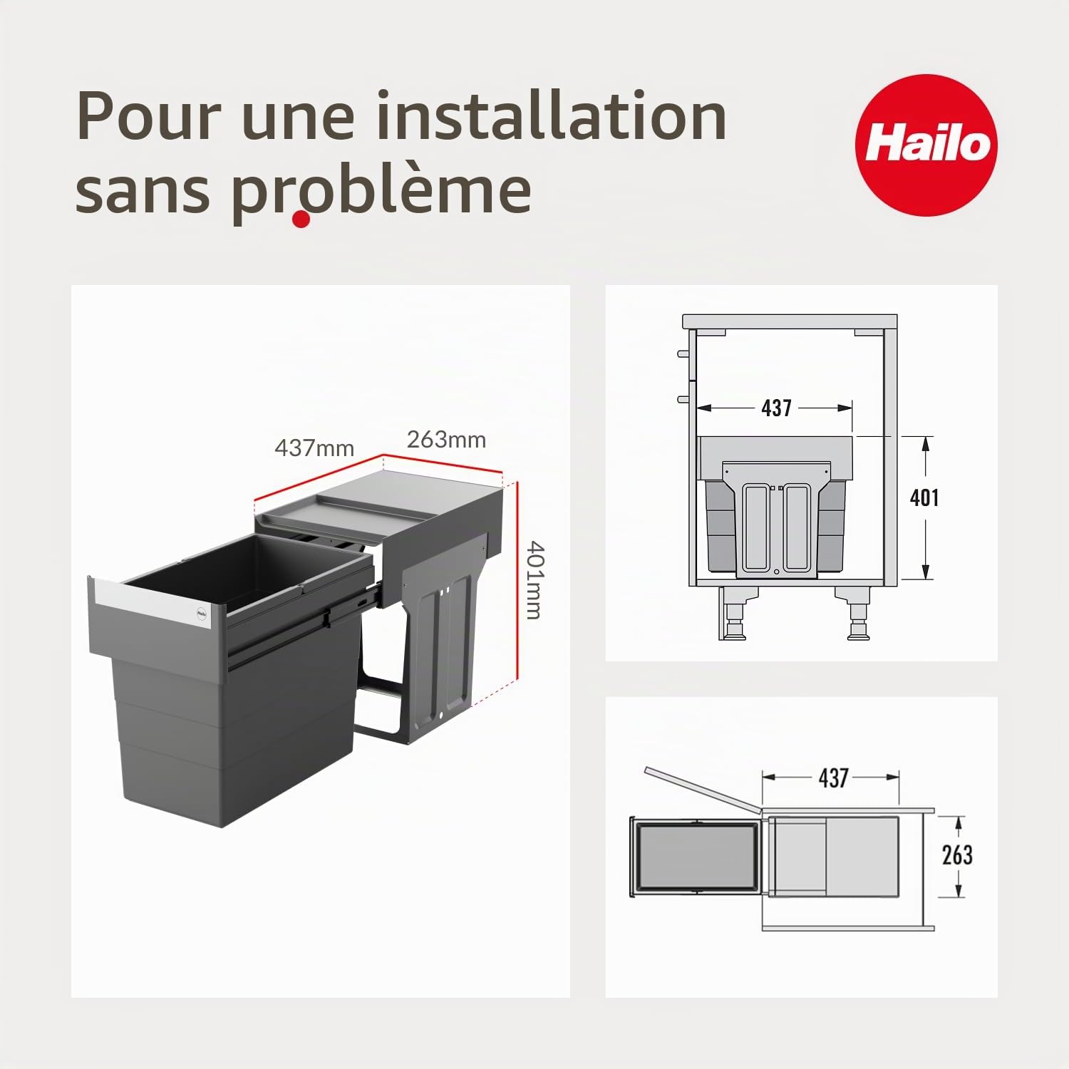 Hailo Poubelle 3666911 - Single Box 28 l - Pour armoires inférieures à partir de 40 cm - Extension télescopique à la main - Anthracite (1 x 28 l)
