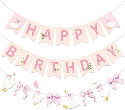 Silly Goose Birthday Party Supplies Pink Goose Bow Happy Birthday Banners 3 Piece Set Geese Cutout Banner Decorations for Farm Animals Theme Baby Shower Decor