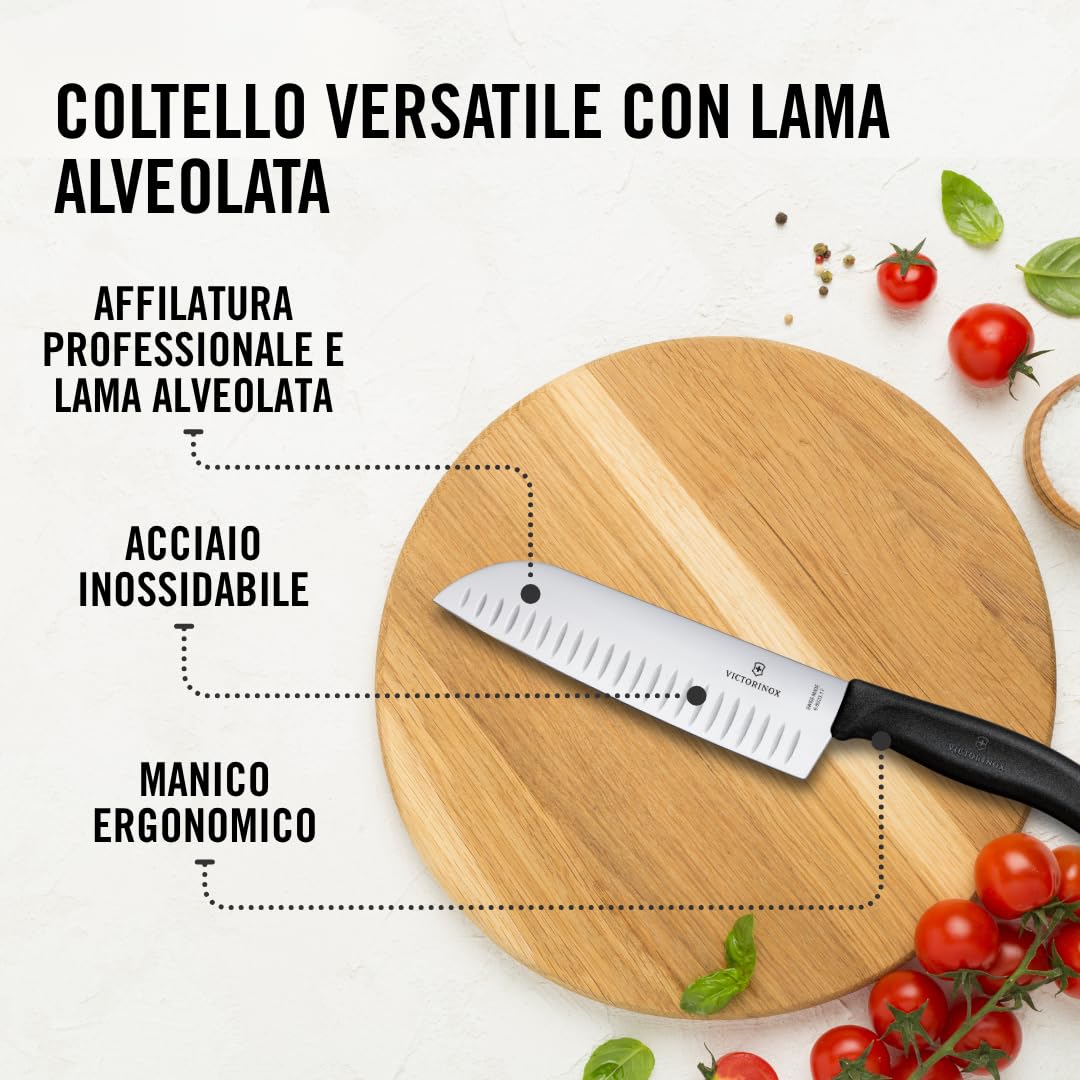 Victorinox Swiss Classic Coltello Santoku, Coltello in stile asiatico, Lama extra-affilata, Forma a bulbo, 17 cm, Acciaio inossidabile, Nero