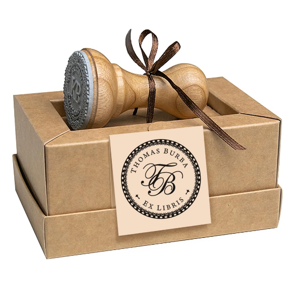 Timbro Iniziali Personalizzabile Ex libris, Monogramma 2 Lettere, Bordo Tratteggiato, Regalo Arte