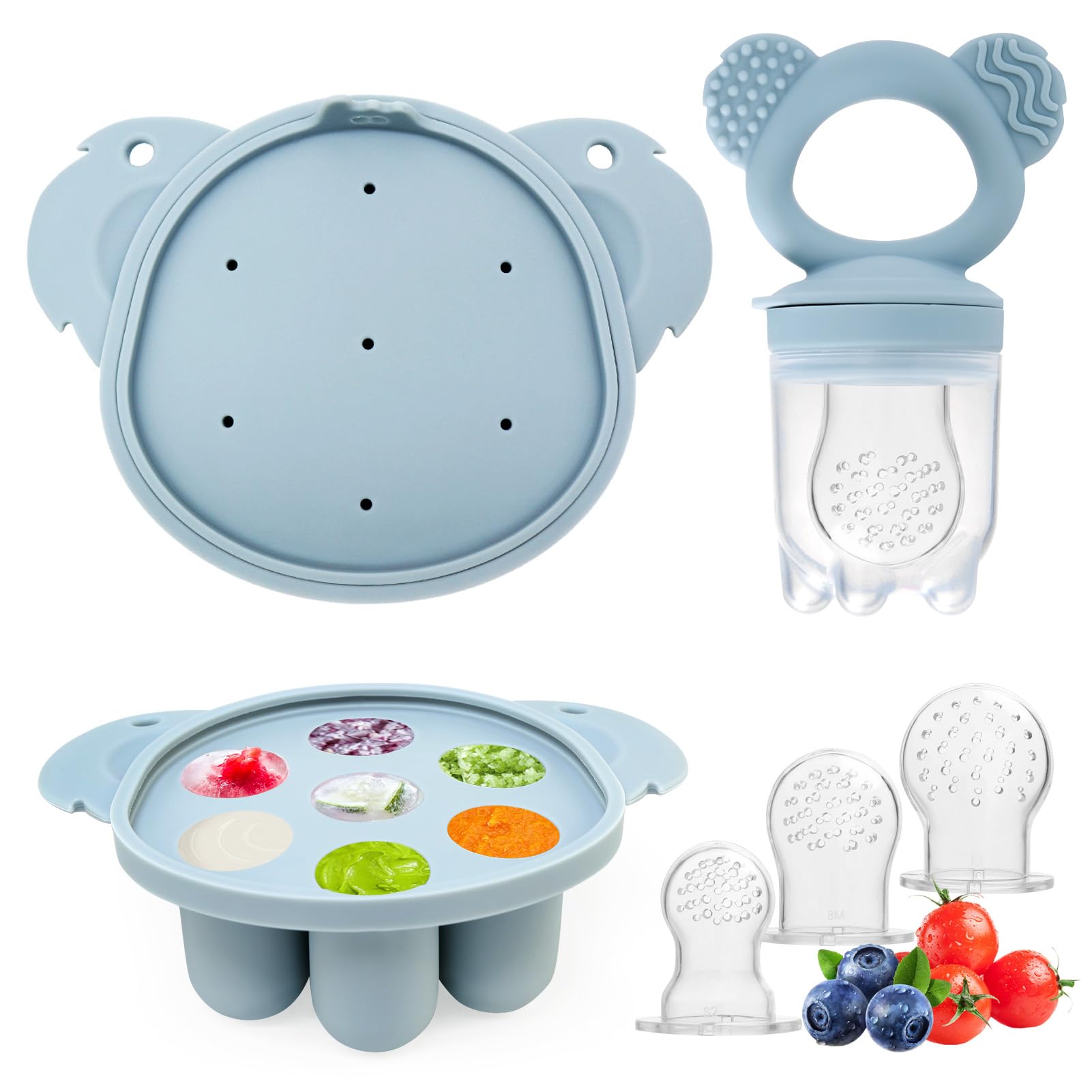 JoyPlus Chupete Fruta Bebe con 3 Tetinas de Silicona sin BPA, Chupete para Fruta Bebe y Bandejas para Congelar Comida de Bebé con Tapas para Leche Materna, Mordedor Fruta Bebe de 3 6 12 24 Meses