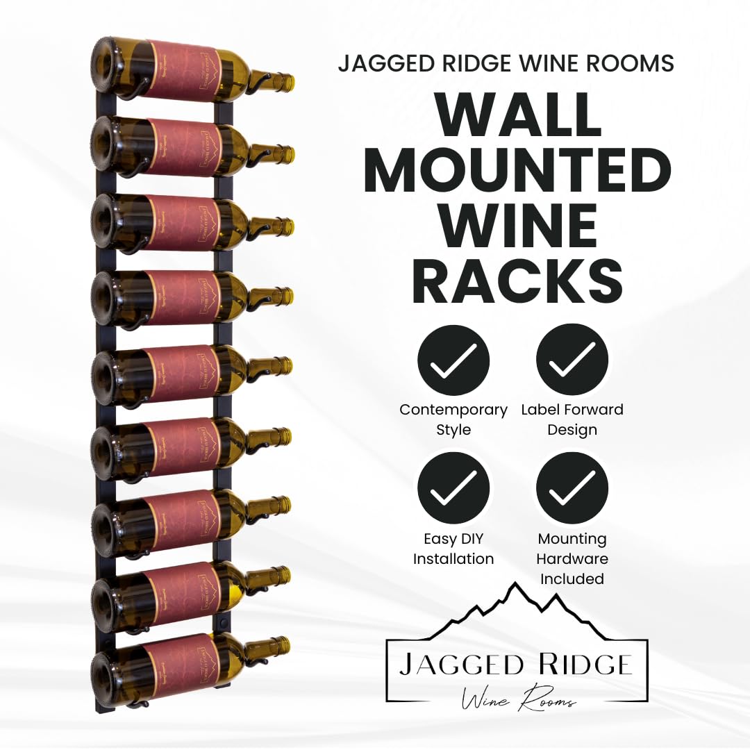 Jagged Ridge Wine Rooms - Premium Wall Mounted Metal Wine Rack - 9 Wine Bottles Holder - Modern Wine Rack, Matte Black - Space Saving for Home, Kitchen, Bar - Designed in Canada by Wine Enthusiasts