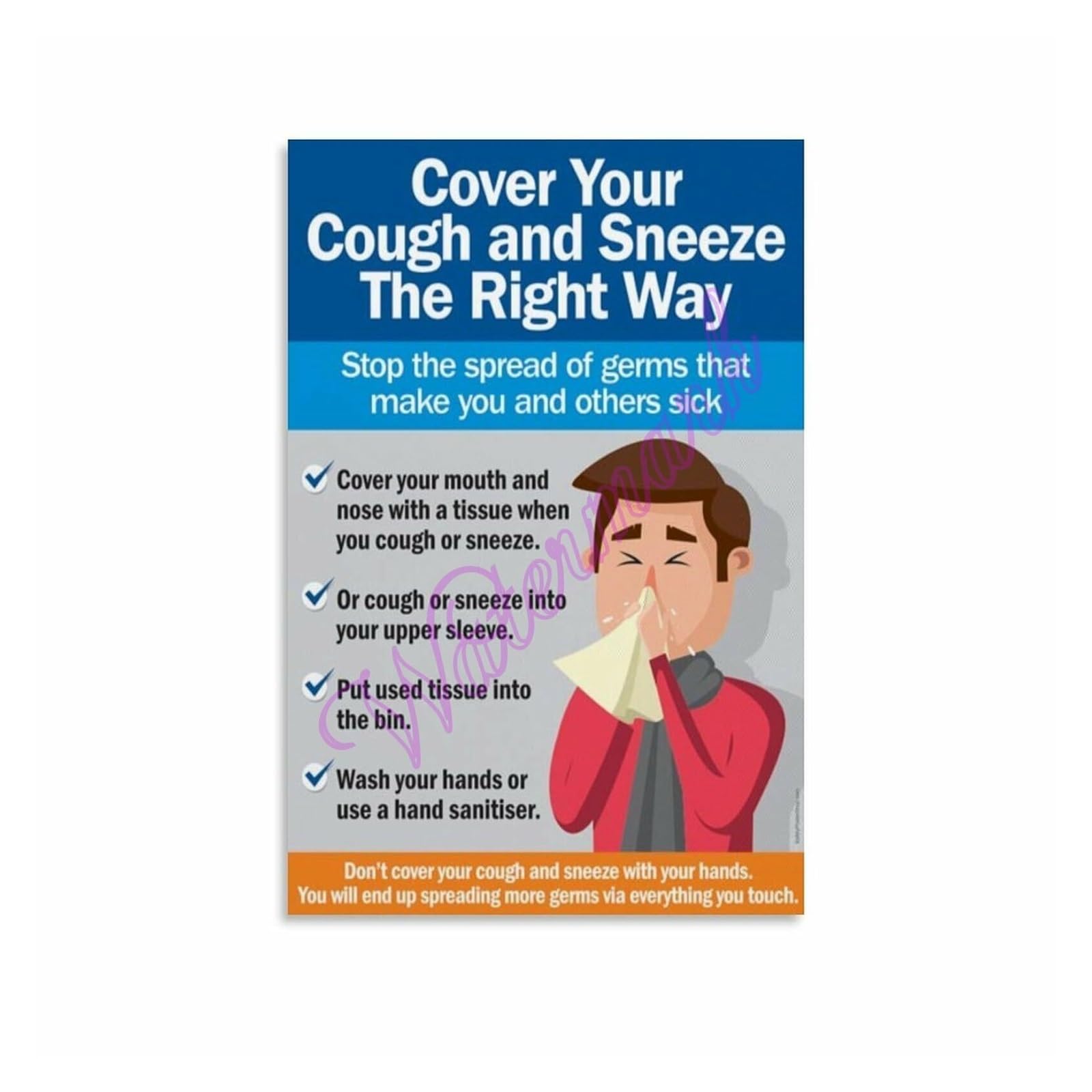 VWWJCCRO Germ Control Poster How to Cover Coughs and Sneezes Canvas Wall-Art for Bathroom Kitchen Decor(Framed,08x12inch(20x30cm))