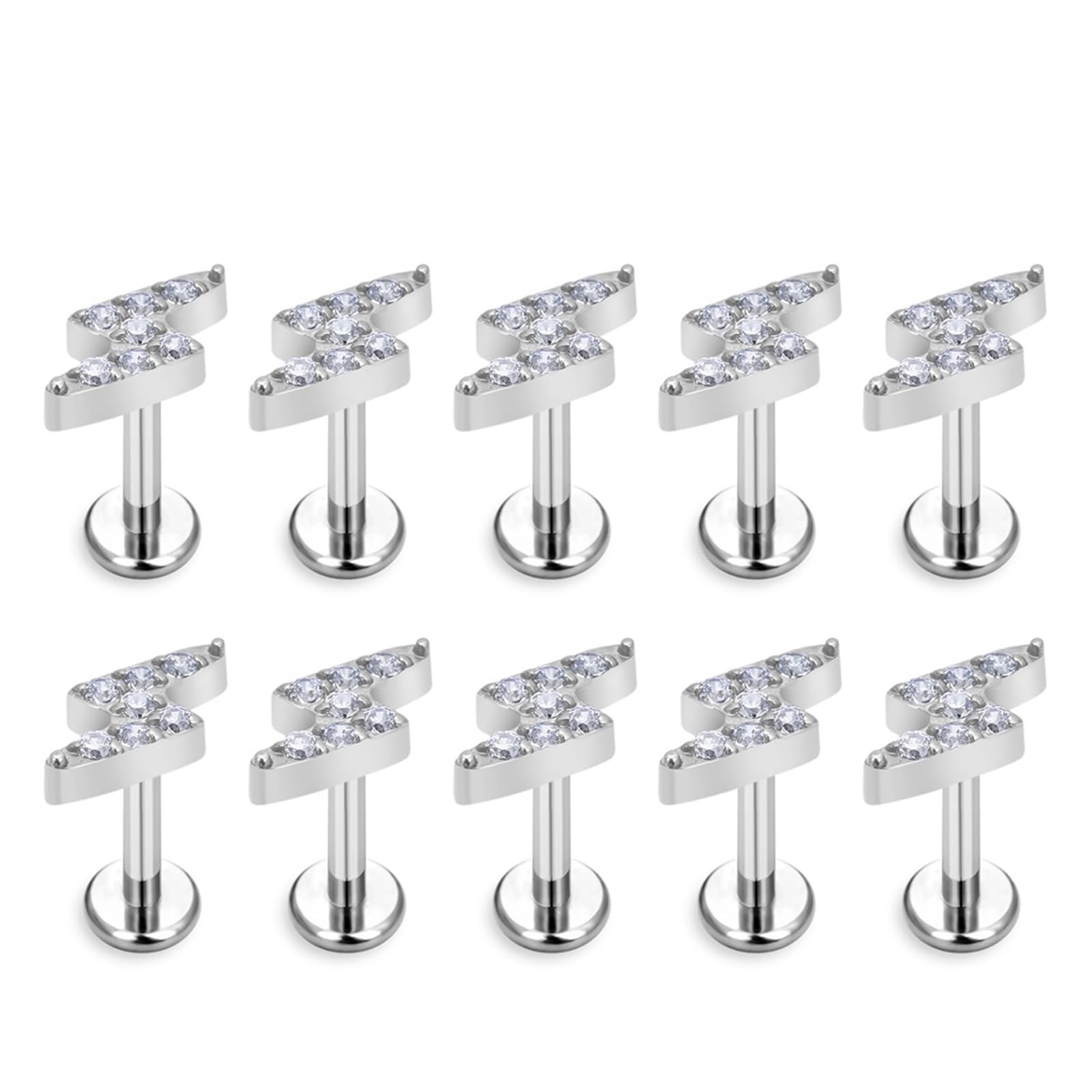 Błyskawica serce gwintowany kolczyk Stud G23 ASTM F136 tytan 16G Labret chrząstka wargi Helix przekłuwanie nosa kobiety biżuteria do ciała(1.2x6mm,10pcs A Silver)