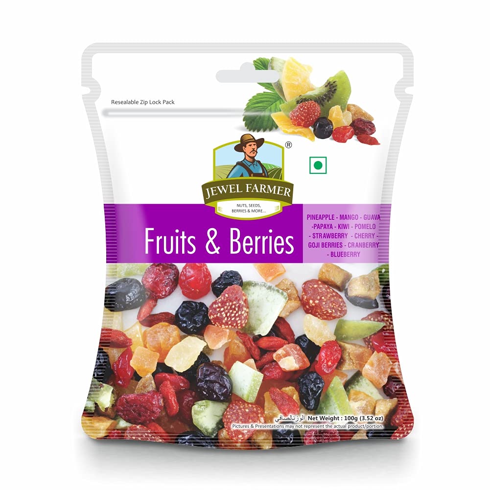 JEWEL FARMER Fruits & Berries Mix with Pineapple, Mango, Guava, Papaya, Kiwi, Pomelo, Strawberry, Cherry, Goji Berries, Cranberry & Blueberry (100g)