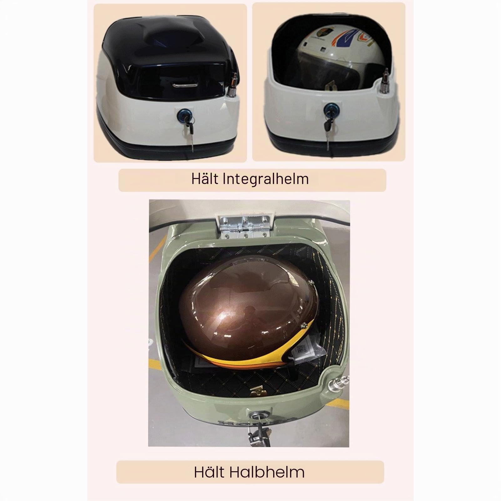 Asixxsix Motorrad-Top-Box, 38L Roller Motorräder Universal-Aufbewahrung Stamm mit Rückenlehne, wasserdichte Gepäck Helm Box mit Sicherheits Schloss für Helm, Reise Ausrüstung (White)