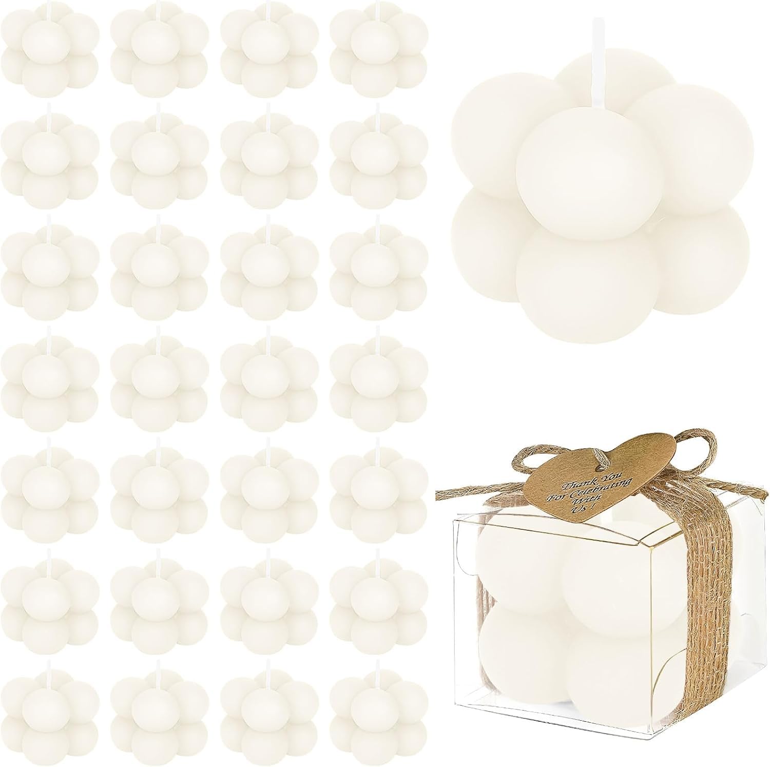 Set di 30 piccole candele a bolle di cera di soia per decorazione domestica, candele cubiche decorative sfuse con biglietti regalo e scatole per ospiti di nozze, regali per addio al nubilato, eleganti