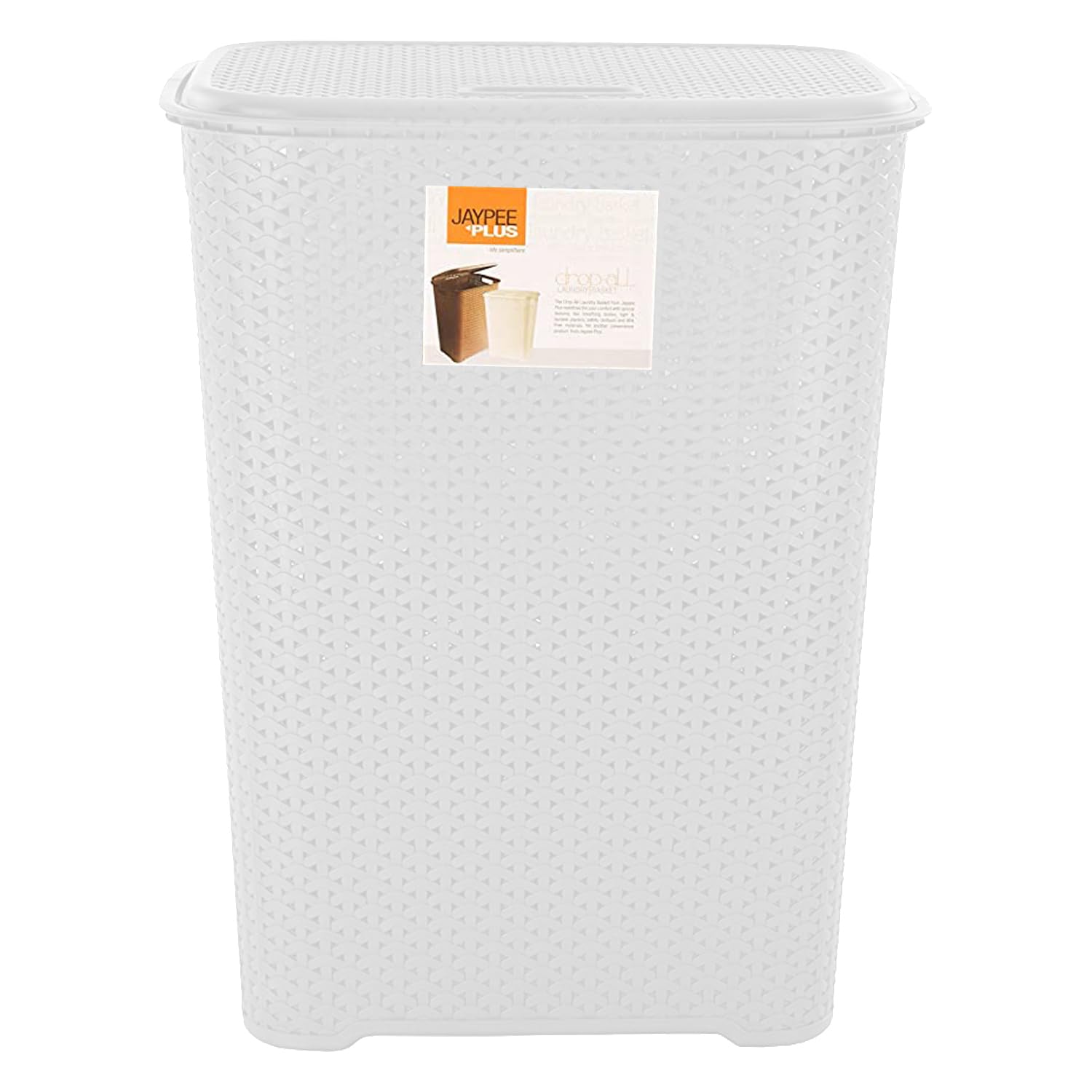 65L Drop-All Laundry Basket with Lid, Multi-Purpose Storage Bin with Knit Design BPA Free Virgin Plastic Laundry Storage Basket Lidded Washing Laundry Storage Bin Tidy 43.5 x 28 x 56cm (White)